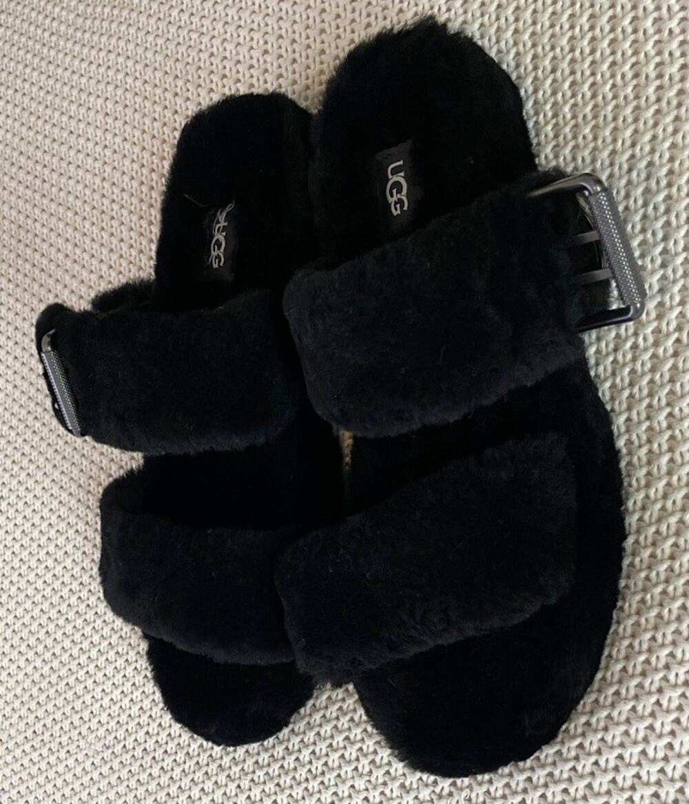 NEW UGG Fuzz Yeah Sheepskin Slipper Slide Sandals Black 1104662 Size 8